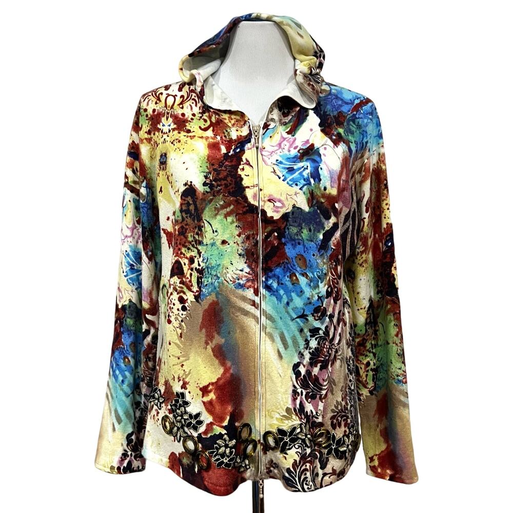 ALBERTO MAKALI Jacket Hooded Top Full Zip colorful Wearable Art Women’s XL